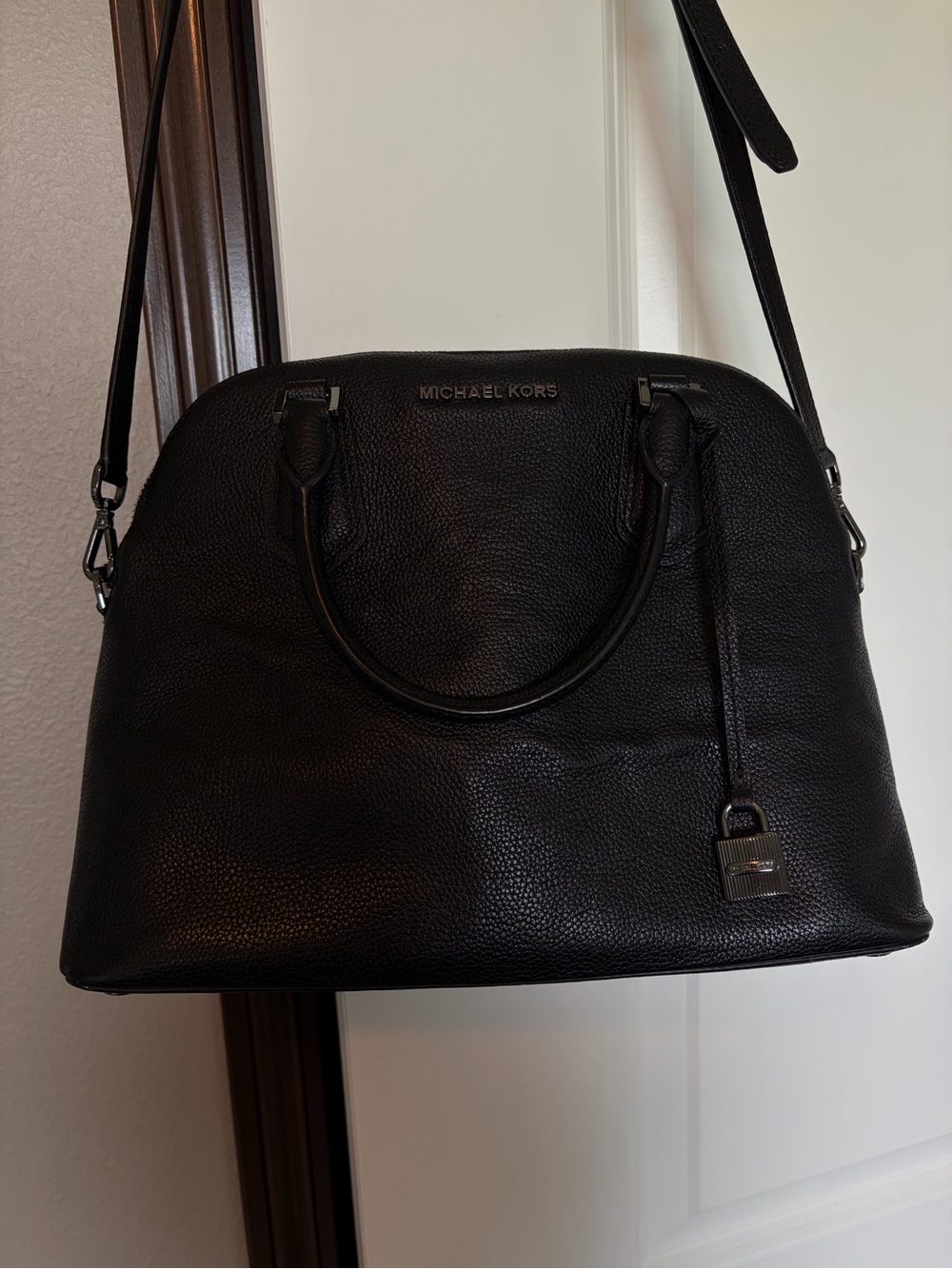 Michael Kors Black Pebbled Dome Satchel with Lock Charm